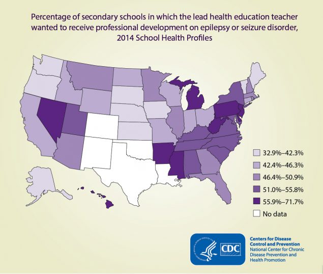 United States map titled "Percentage of secondary schools in which the lead health education teacher wanted to receive professional development on epilepsy or seizure disorder"
