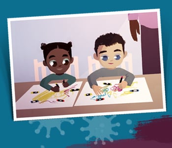 Illustration of two children coloring