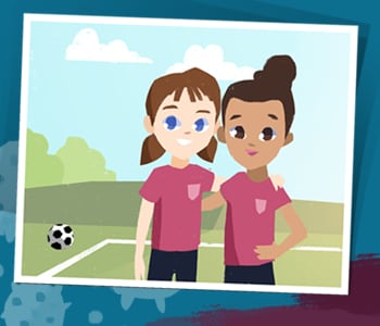 Illustration of two young girls playing soccer