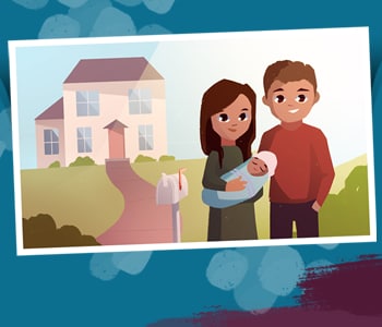 Illustration of couple holding baby and standing in front of house
