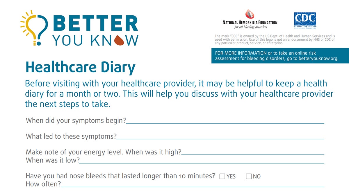 Health care diary with questions listed that help track symptoms