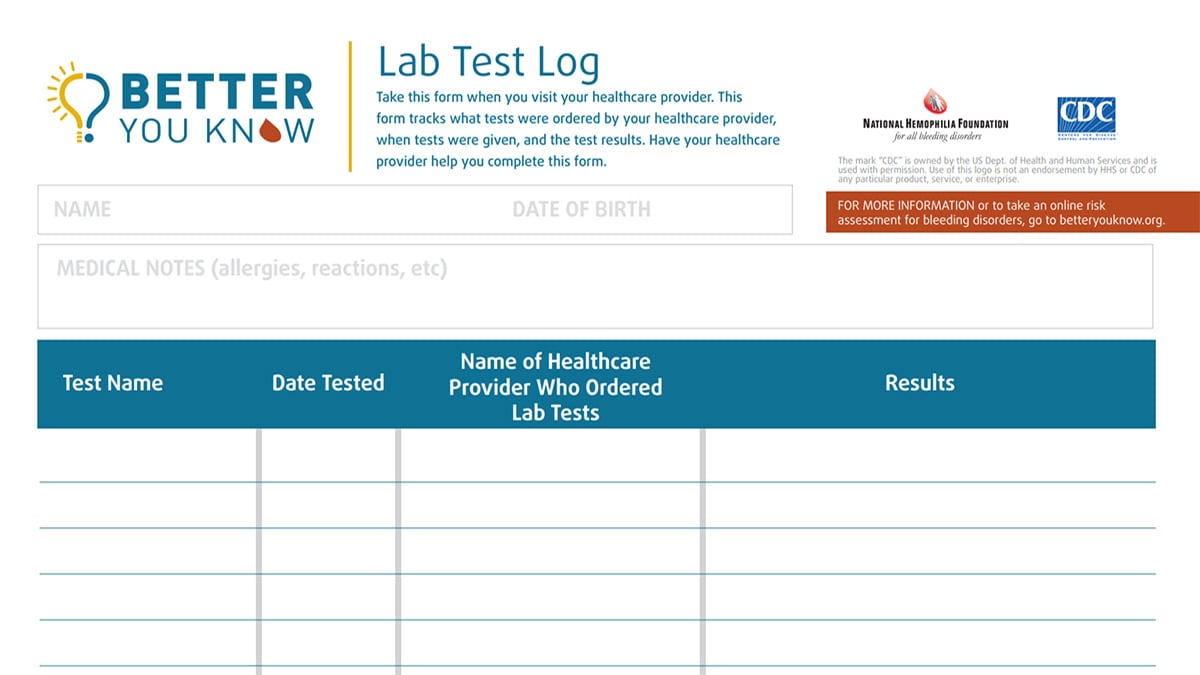 Chart with empty rows to track lab tests and their results