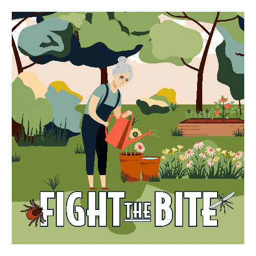 A cartoon of an older woman watering a garden with brightly colored flowers. Text on the bottom of the image reads, Fight the Bite with a cartoon tick and mosquito flying around it.