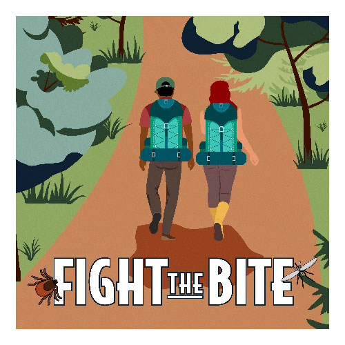 A cartoon of two people with backpacks on a hike. Text on the bottom of the image reads, Fight the Bite with a cartoon tick and mosquito flying around it.