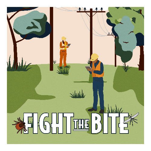 A cartoon of two people in bright vests looking at clipboards standing under a power line. Text on the bottom of the image reads, Fight the Bite with a cartoon tick and mosquito flying around it.