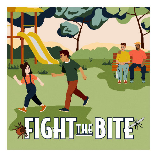 A cartoon of a family of four at a playground. Two children chase each other around the grass and two parents sit at a bench in the background. Text on the bottom of the image reads, Fight the Bite with a cartoon tick and mosquito flying around it