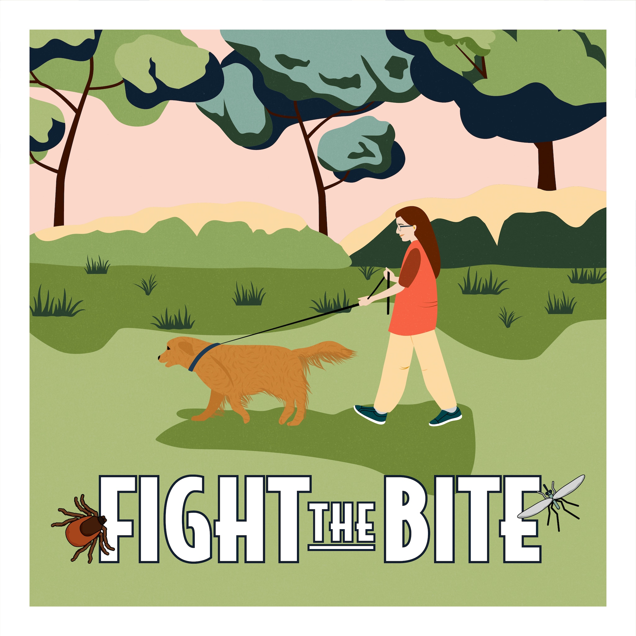 A cartoon of a young woman walking a dog. Text on the bottom of the image reads, Fight the Bite with a cartoon tick and mosquito flying around it.