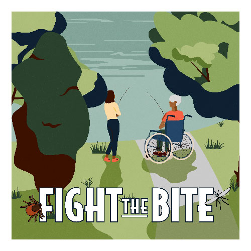 A cartoon of an older woman sitting in a wheelchair and a young woman standing by a body of water holding fishing poles. Text on the bottom of the image reads, Fight the Bite with a cartoon tick and mosquito flying around it.