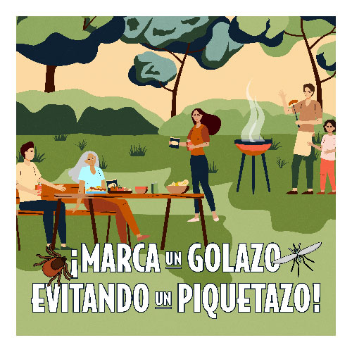 Una caricatura de un grupo de personas hacienda un picnic un el parque. El texto en la parte inferior de la imagen dice, Marca un golazo evitando un piquetazo con caricaturas de un garrapata y mosquito volando alrededor de las palabras.