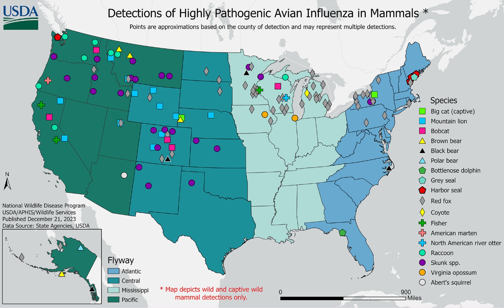 Mapa de detección de la forma altamente patógena de la influenza aviar en mamíferos