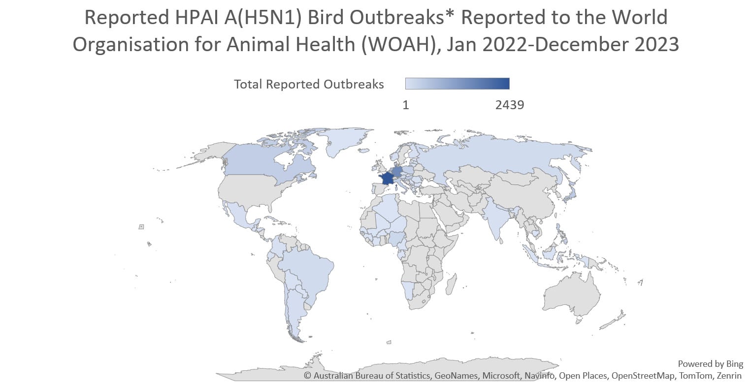 Brotes en aves del virus A(H5N1) de la HPAI* notificados a la Organización Mundial de Sanidad Animal (WHOAH) entre enero del 2022 y diciembre del 2023