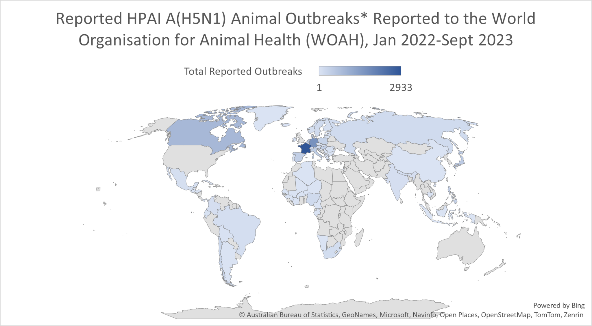 Brotes en animales del virus A(H5N1) de la HPAI notificados a la Organización Mundial de Sanidad Animal (WHOAH) entre enero del 2022 y septiembre del 2023