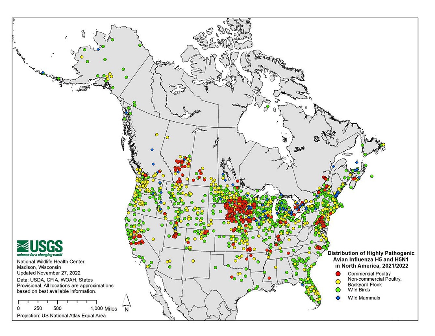 mapa de América del Norte con puntos de diferentes colores que muestran la Distribución de los virus H5 y H5N1 de la forma altamente patógena de la influenza aviar en América del Norte, 2021/2022