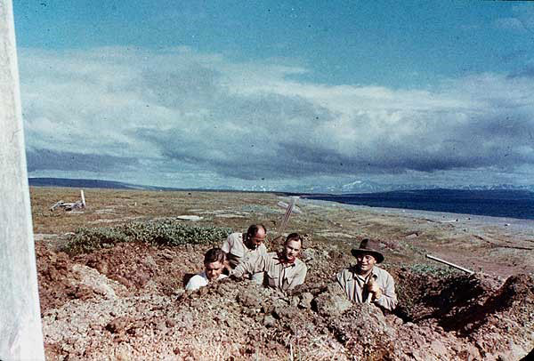This 1951 photo shows Johan Hultin (on left) and fellow university colleagues during his initial attempt to obtain the 1918 virus from bodies of victims buried in permafrost at the Brevig Mission burial site. Photo credit: Johan Hultin