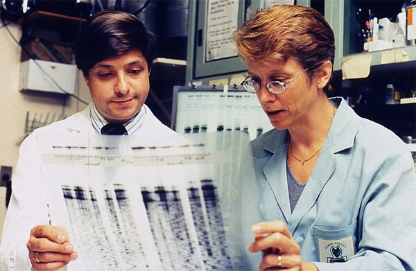 A picture of Dr. Jeffery Taubenberger and Dr. Ann Reid reviewing a genetic sequence from the 1918 virus. They are credited with sequencing the genome of the 1918 virus. Photo Credit: National Museum of Health and Medicine Online Exhibit - MIS 377212.