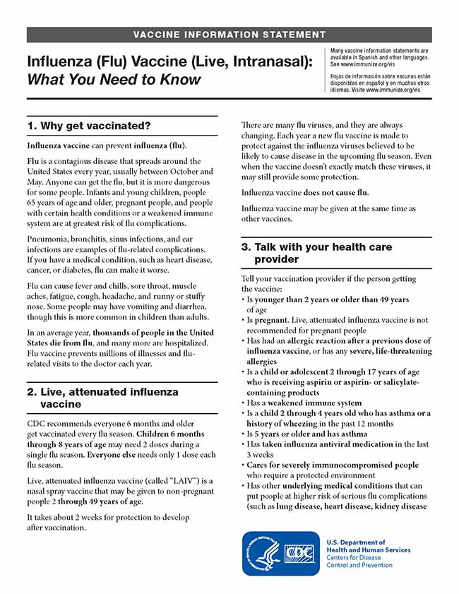 Vaccine Information Statement coversheet of Influenza (Flu) Vaccine (Live, Internasal): What you need to know pdf