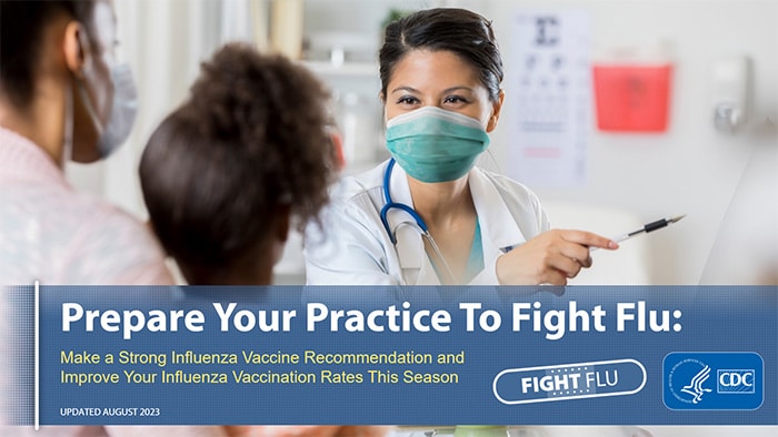 healthcare professional in mask pointing with text: Prepare your practice to fight flu