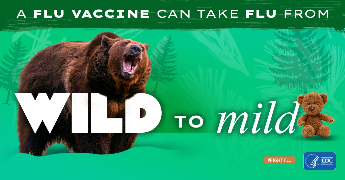 oso con el texto: La vacuna contra la influenza puede calmar a la bestia #CombateLaInfluenza Logotipo de los CDC