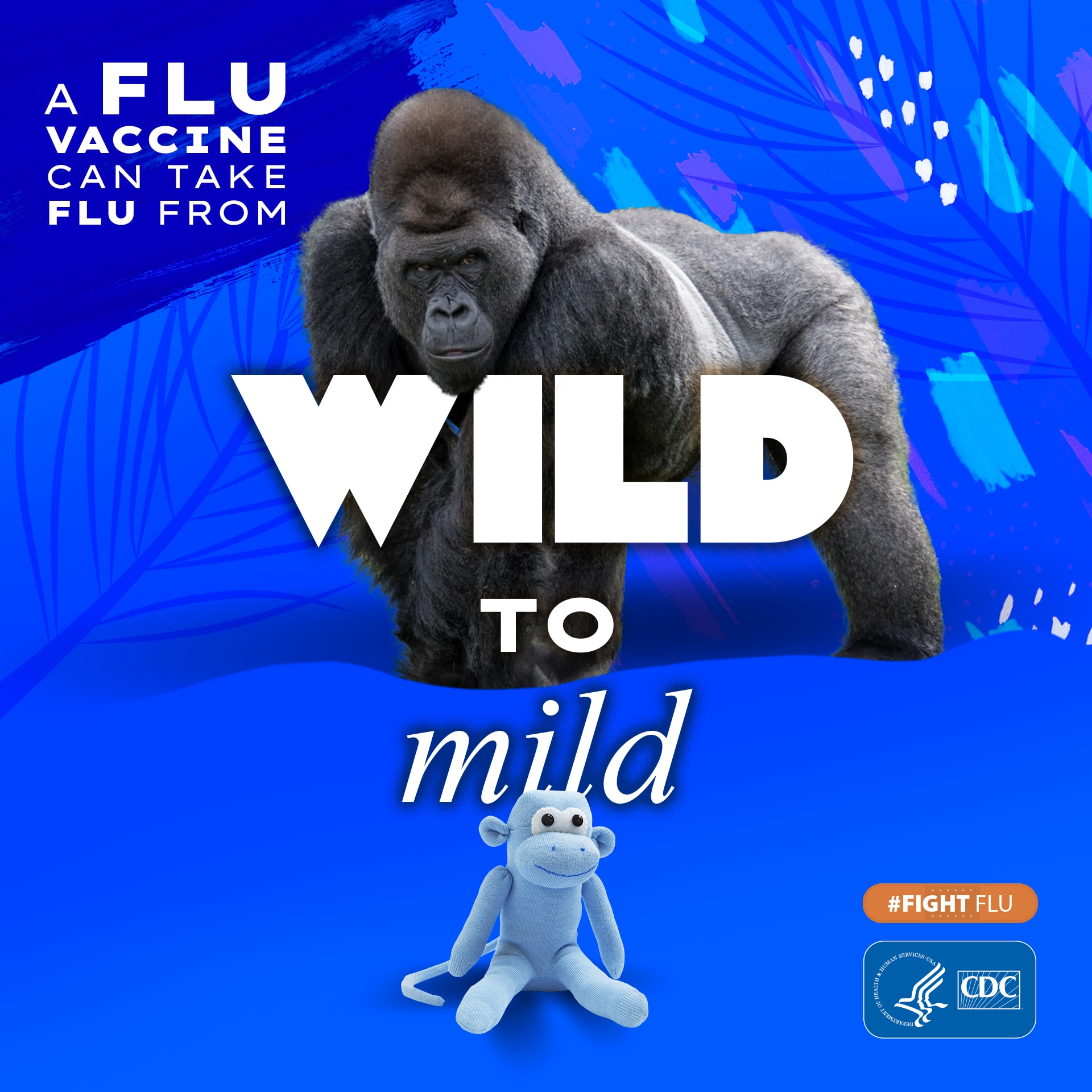 gorila con el texto: La vacuna contra la influenza puede calmar a la bestia #CombateLaInfluenza Logotipo de los CDC