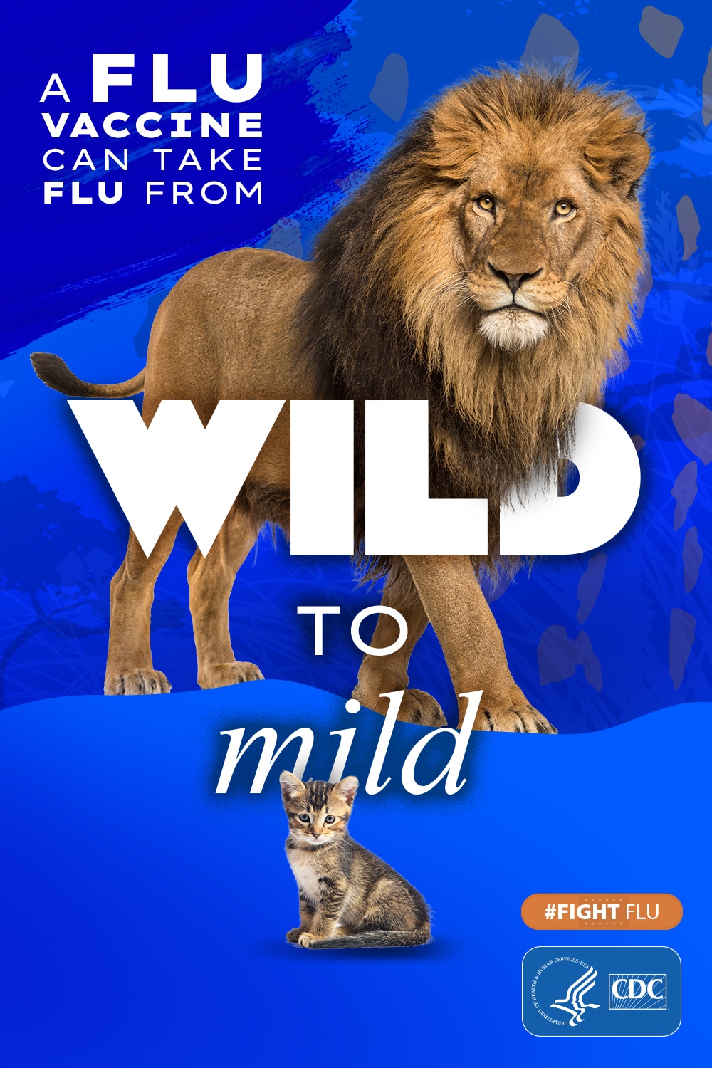 león y gatito con el texto: La vacuna contra la influenza puede calmar a la bestia #CombateLaInfluenza Logotipo de los CDC