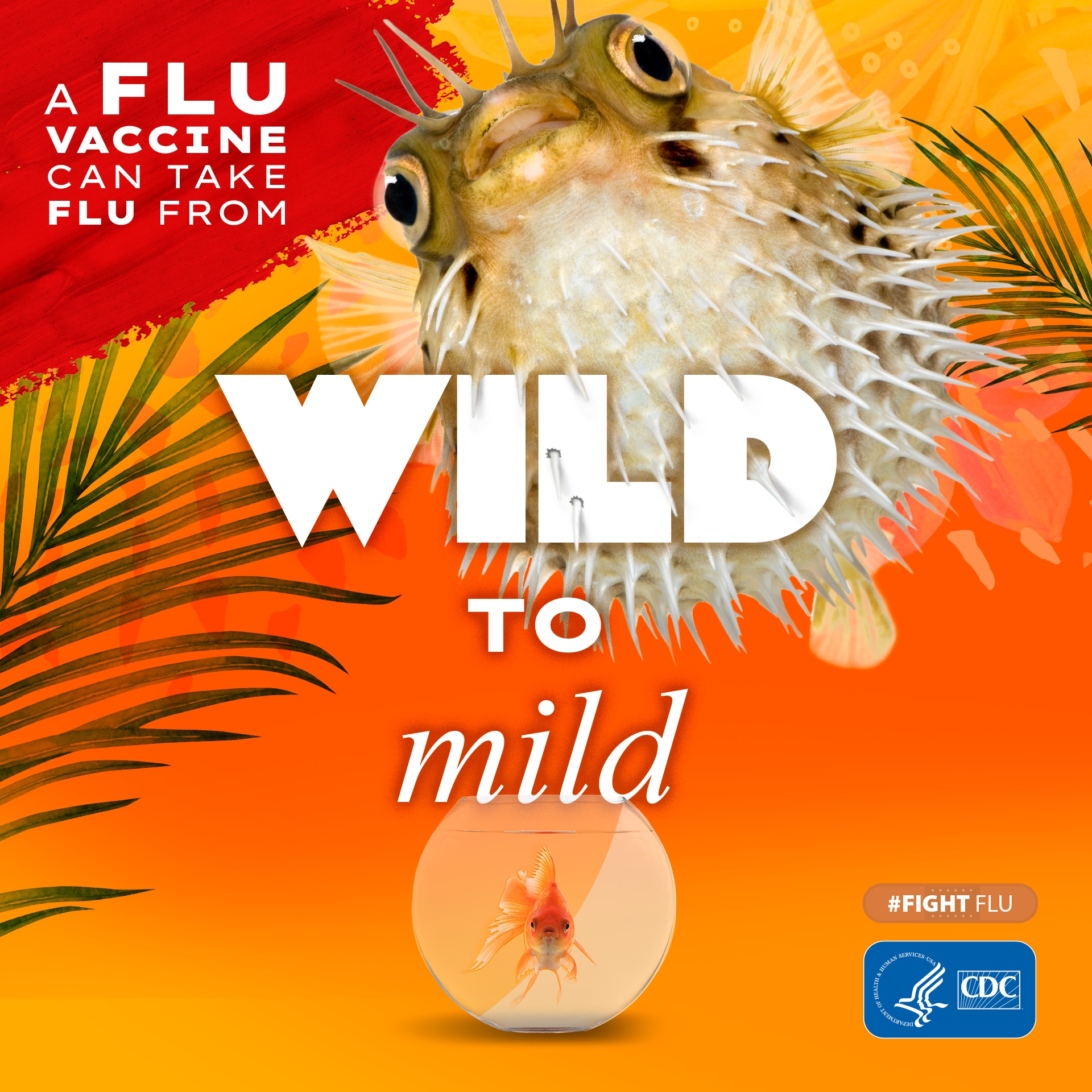 pez globo con el texto: La vacuna contra la influenza puede calmar a la bestia #CombateLaInfluenza Logotipo de los CDC