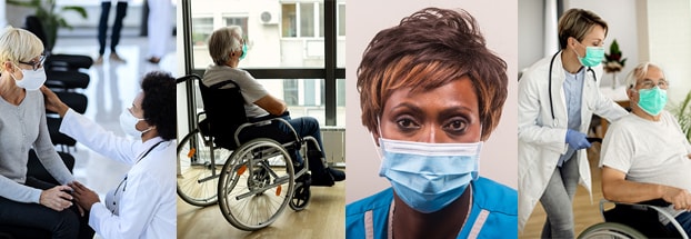 Fotos de un virus de la influenza, hombres y mujeres mayores en centros de cuidado a largo plazo y profesionales de la salud como enfermeros y médicos.