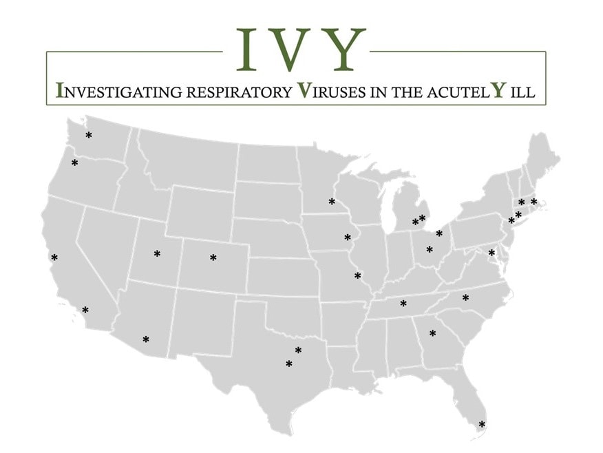 mapa de los EE. UU. con estrellas en las ciudades. Texto: IVY - Investigación de virus respiratorios en pacientes agudos