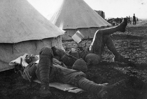 Soldiers resting at Camp Funston in Fort Riley, Kansas.