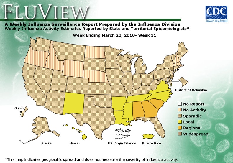 FluView, Week Ending March 20, 2010. Weekly Influenza Surveillance Report Prepared by the Influenza Division. Weekly Influenza Activity Estimate Reported by State and Territorial Epidemiologists. Select this link for more detailed data.