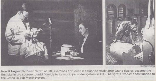 Historical newspaper clipping on fluoridation shows a dental exam and a worker treating water with fluoride.