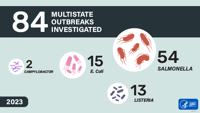 Illustrative graphic showing different bacteria with text next to each bacteria. That reads: 84 multistate outbreaks investigated. 2  Campylobacter, 15 E. coli, 13 Listeria, 54 Salmonella. 2023.