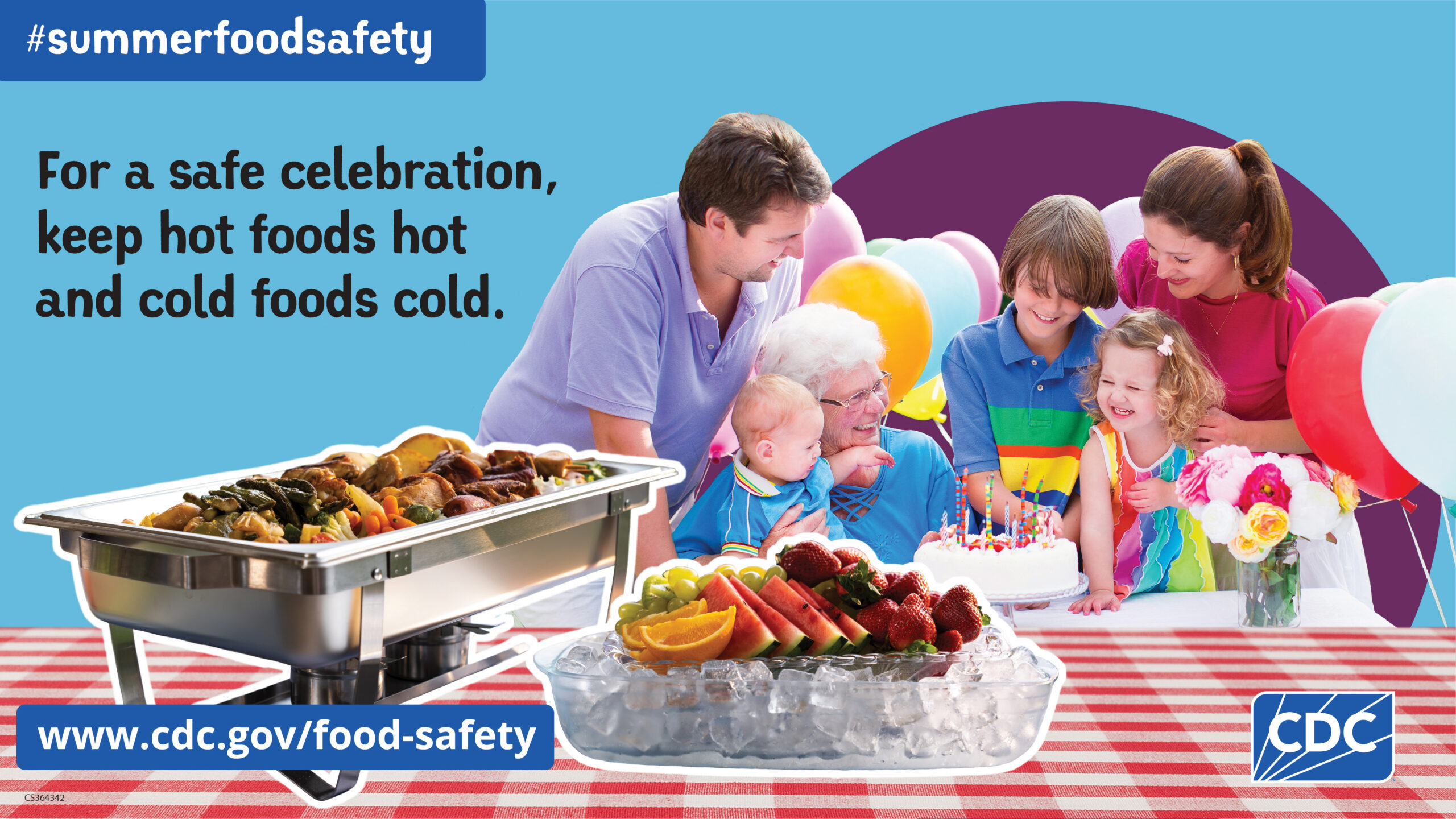Family gathered around a picnic table for a party; hot food and cold food is displayed on table in front of them. Text overlay reads: #summerfoodsafety. For a safe celebration, keep hot foods hot and cold foods cold. www.cdc.gov/food-safety