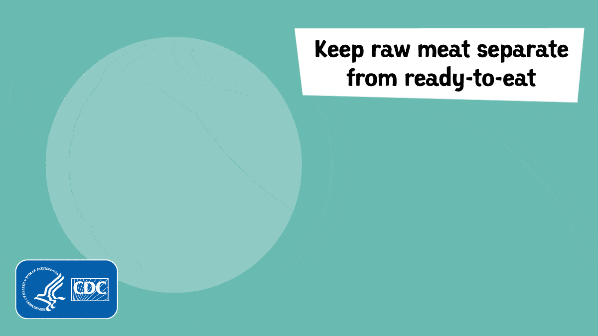 Text overlay states, “Keep raw meat separate from ready-to-eat". CAnimation for safely handling chicken. Panel 1: A cutting board with chicken slides in, board with cheese slides inand a separate cutting board with cheese appears. Hand pushes them even farther away from each other. Text overlay states, “Wash board, knife, and hands”."Keep raw meat separate from ready-to-eat." Panel 2: Arrow shows knife and white cutting board going into the dishwasher. Mother and child washing hands slide in. Text overlay states, “Cook food to safe internal temp”. Thermometer slides into the chicken, 165 degrees appears. Thumbs pop up. while mom and child wash hands. Text overlay states, Text overlay states, “Wash board, knife, and hands." Panel 3: Food thermometer inserted into center of cooked chicken showing a temperature of 165 degrees Fahrenheit. Text overlay states, "Cook food to safe internal temp."