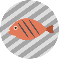 Illustration of an orange fish over a striped background.
