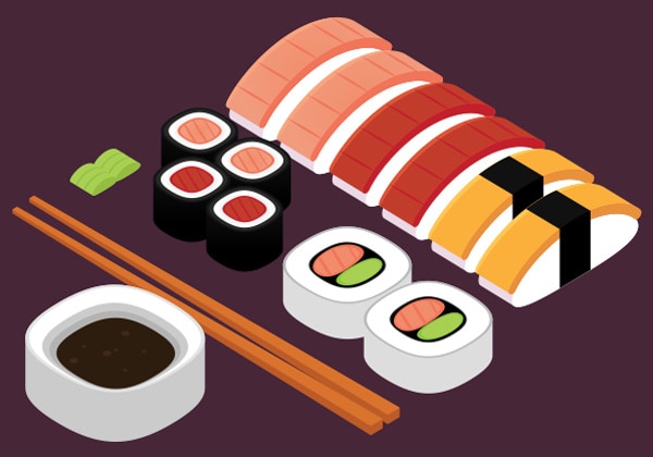 Illustration of sushi rolls, nigiri, chopsticks, and soy sauce.