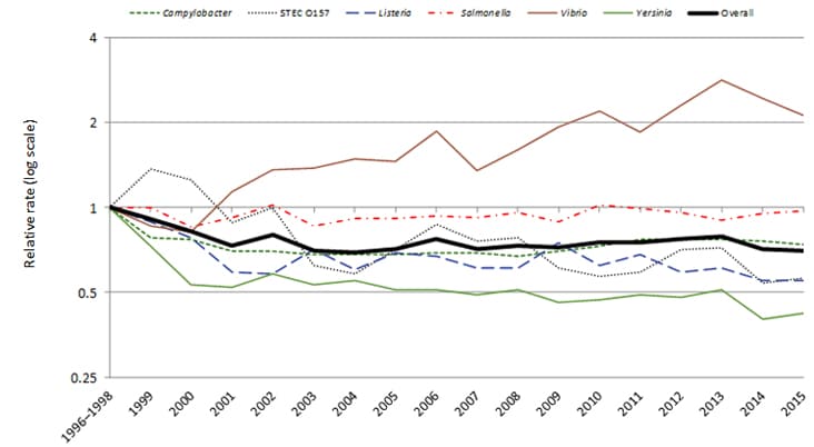 Figure 15. Relative rates of culture-confirmed infections with Campylobacter, STEC* O157, Listeria, Salmonella, Vibrio, and Yersinia, and overall measure of change, compared with 1996–1998 rates, by year, FoodNet 1996–2015†