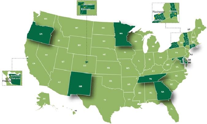 US Map of FoodNet Sites: California, Colorado, Connecticut, Georgia, Maryland, Minnesota, New Mexico, New York, Oregon, Tennessee