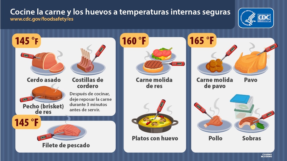 Cocine la carne y los huevos a temperaturas internas seguras