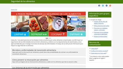 Captura de pantalla de la página de inicio de seguridad alimentaria.