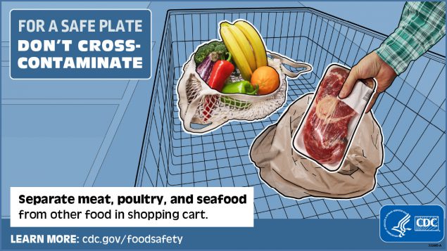 For a safe plate don't cross contaminate: Separate meat, poultry, and seafood from other food in shopping cart