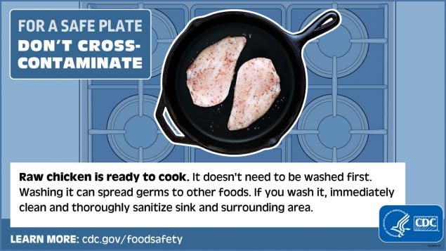 For a safe plate don't cross contaminate: Raw chicken is ready to cook. It doesn't need to be washed first