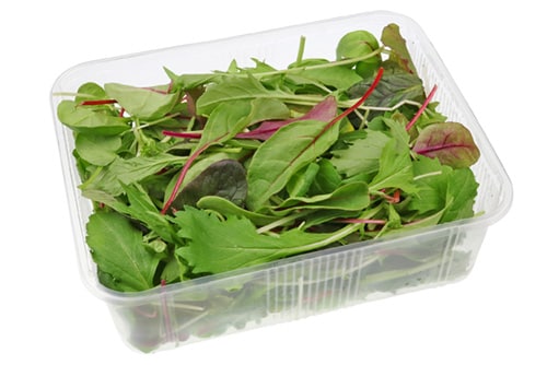 Prepackaged salad in a white container