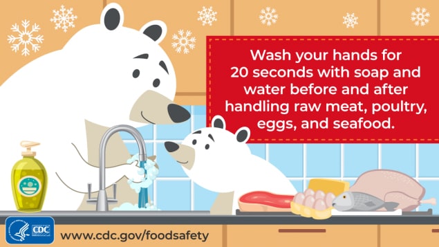 Social media banner with 2 polar bears telling you to wash your hands for 20 seconds