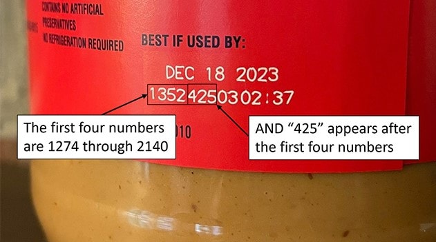 Jif peanut butter label showing lot code numbers