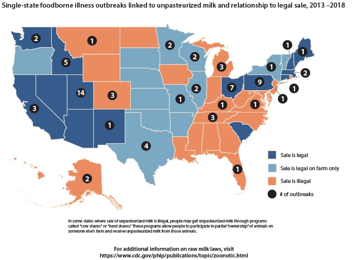 U.S. map of where raw milk is legal and illegal
