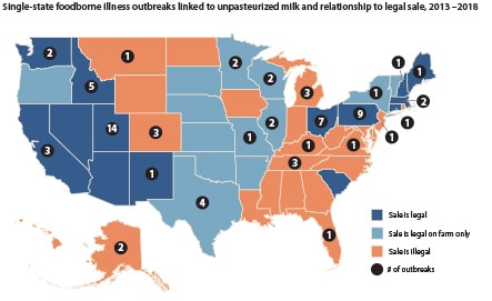 legal status of the sale of raw milk and outbreaks linked to raw milk, by state, 2007-2012