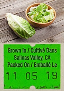 A picture of romaine lettuce and a package label from Salinas Valley, California