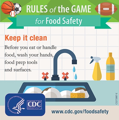 Illustration of a kitchen sink with a reminder to wash your hands, prep tools and surfaces before handling food.