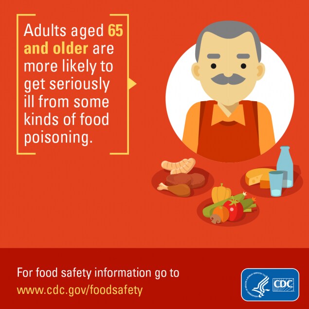 Facebook sized image for download about how adults aged 65 and older are more likely to get seriously ill from some kind of food poisoning.
