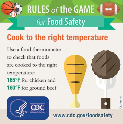 cook to the right temperature use a food thermometer to check that chicken is 165 degrees and ground beef is 160 degrees 